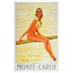Original Vintage Travel Poster Monte Carlo Diving Board Girl Pin Up Domergue