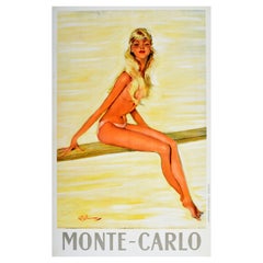 Original-Vintage-Reiseplakat Monte Carlo, Schneidebrett, Mädchen, Domergue