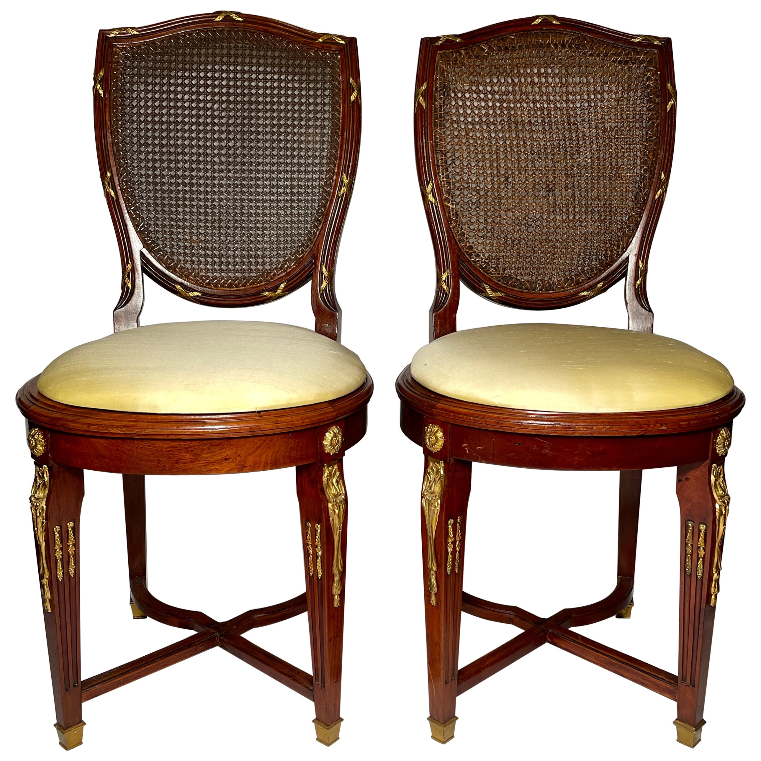 Pair Antique French Louis XVI Gold Bronze Mounted Mahogany Cane Back Chairs For Sale