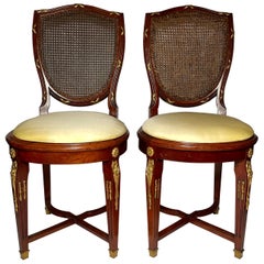 Pair Antique French Louis XVI Gold Bronze Mounted Mahogany Cane Back Chairs