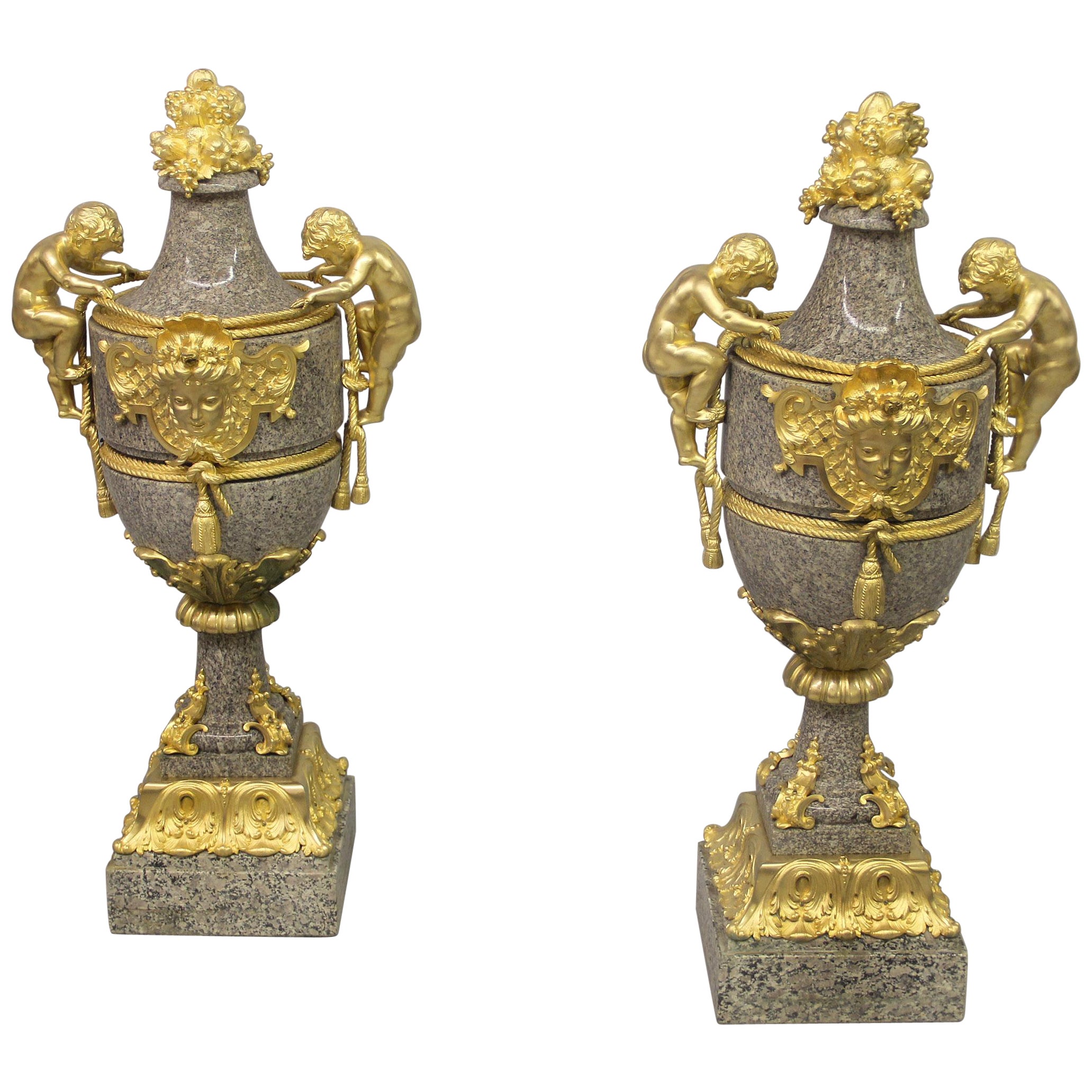 Excellent Quality Pair of Large 19th Century Gilt Bronze Mounted Granite Vases For Sale