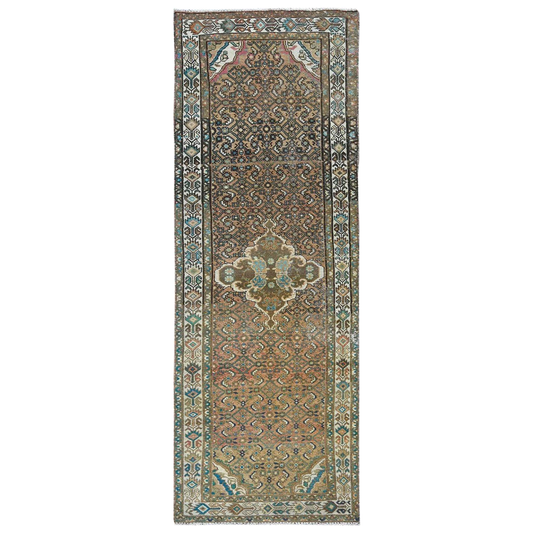 Mocha Brown, Vintage Persian Hamadan, Abrash, Distressed Hand Knotted Wool Rug For Sale