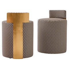Gina Upholstered Checkered Stool with Brass Back