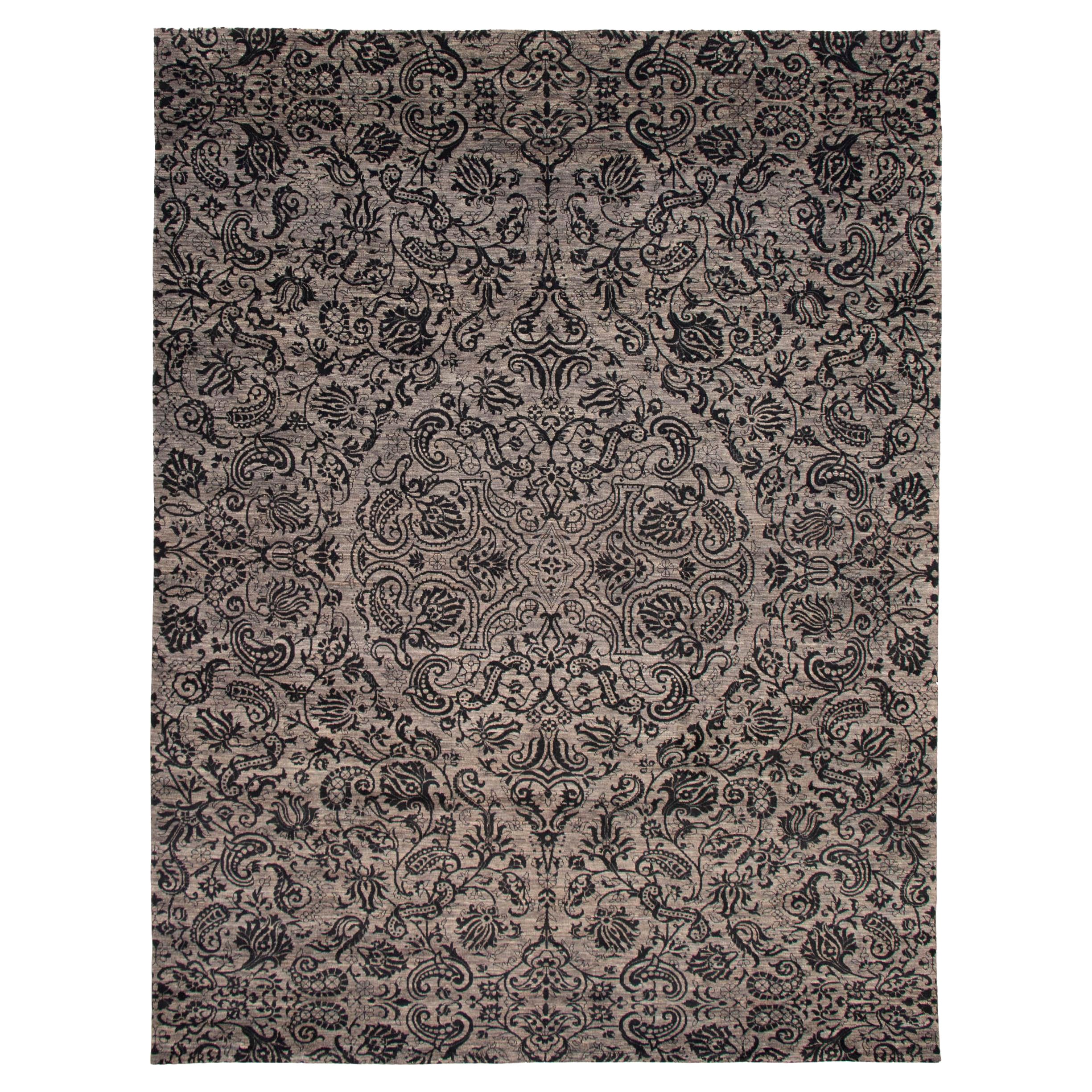 Gray and Black Transitional Paisley Hand-Knotted Carpet, 9' x 12'
