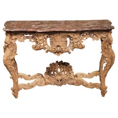 Early 1700s, Parisian Console Table in Carved Oak and Flanders Rouge Marble