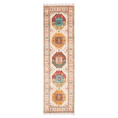 Hand-knotted Ersari Runner Rug, Multicolored Medallions & Festive Fringe