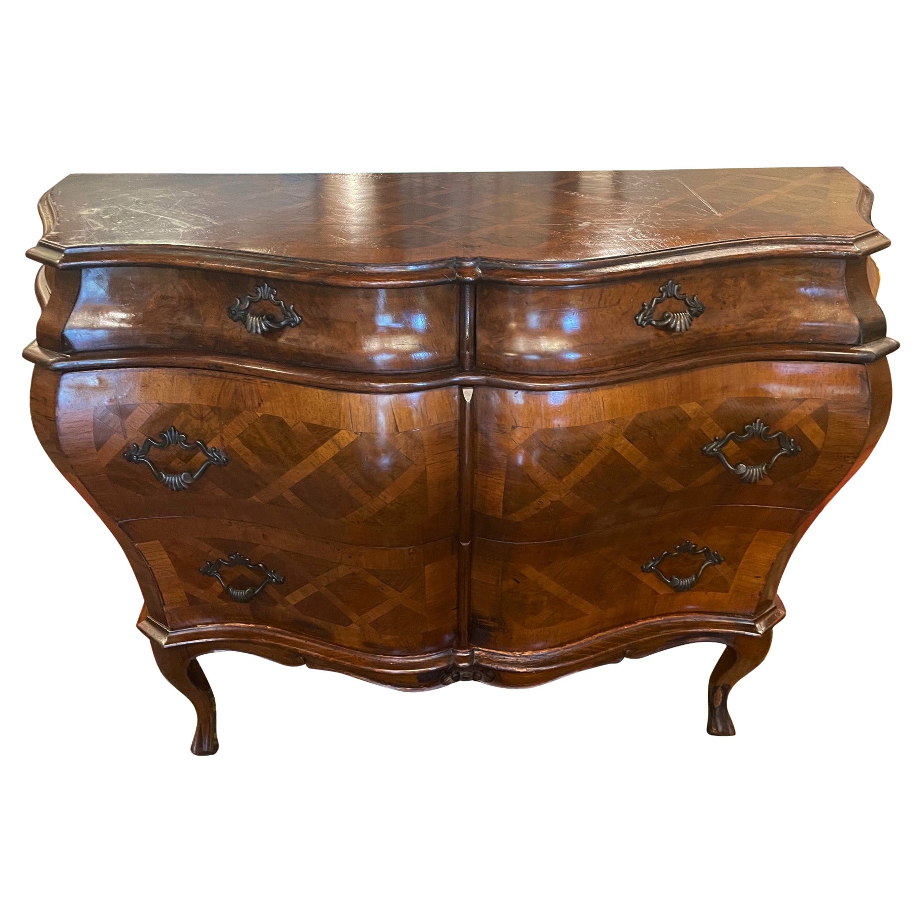 Italian Walnut Parquetry Inlaid Bombe Sided Commode, Early 20th Century For Sale