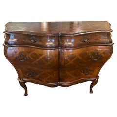 Italian Walnut Parquetry Inlaid Bombe Sided Commode, Early 20th Century
