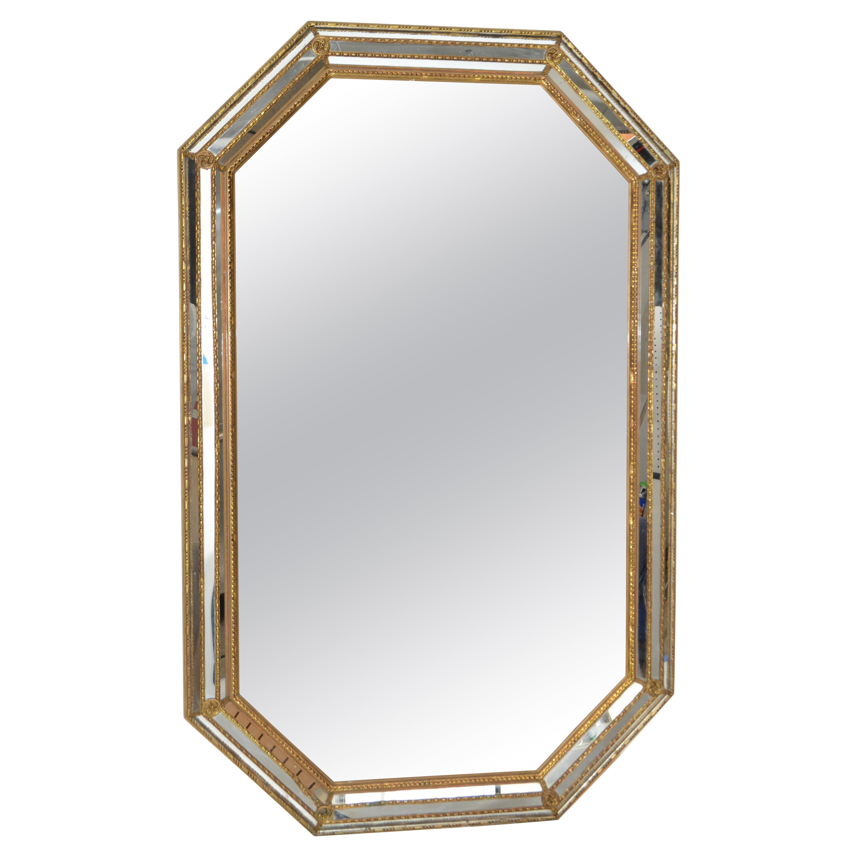 Venetian Hexagonal Wall Mirror Gilt Wood & Bohemian Ornaments 1930 Italy