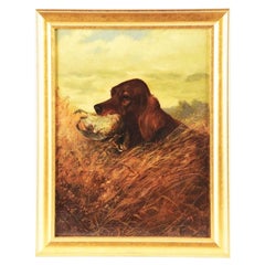 Late 19th Century Framed Oil on Canvas Painting of Irish Setter Holding Bird