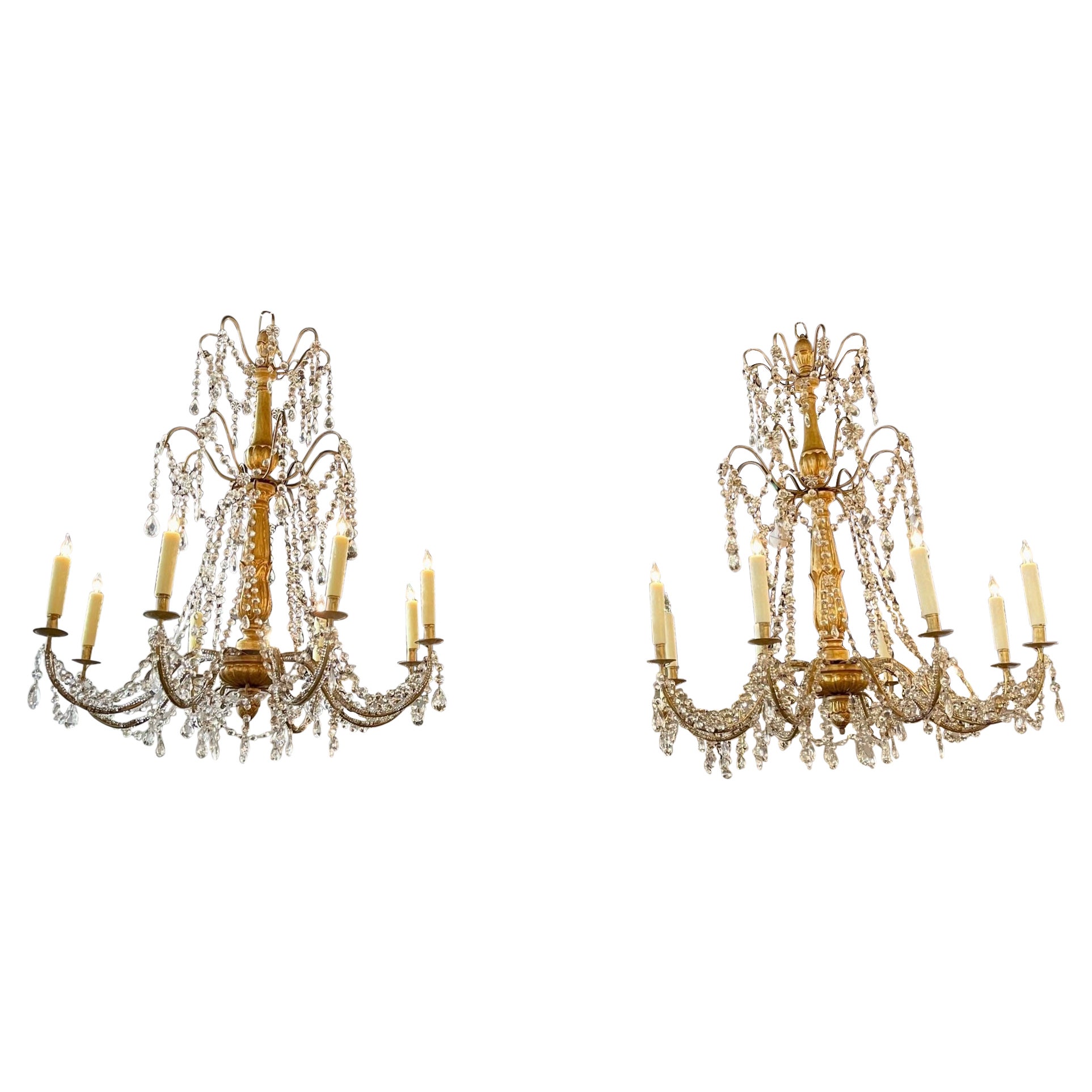 Pair of 19th Century Italian Giltwood and Crystal Chandeliers For Sale