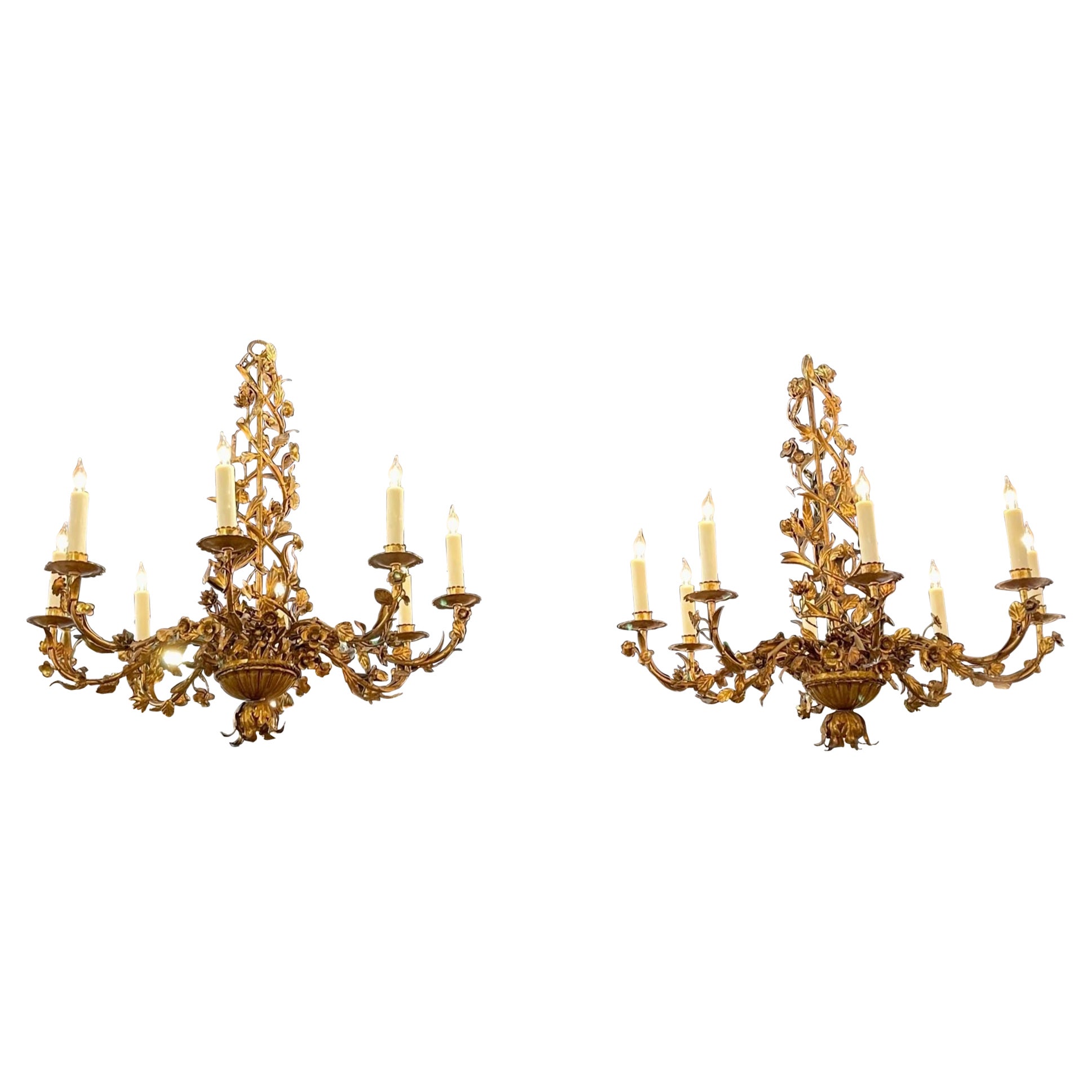 19th Century Italian Gilt Tole Floral Chandeliers with 8 Lights