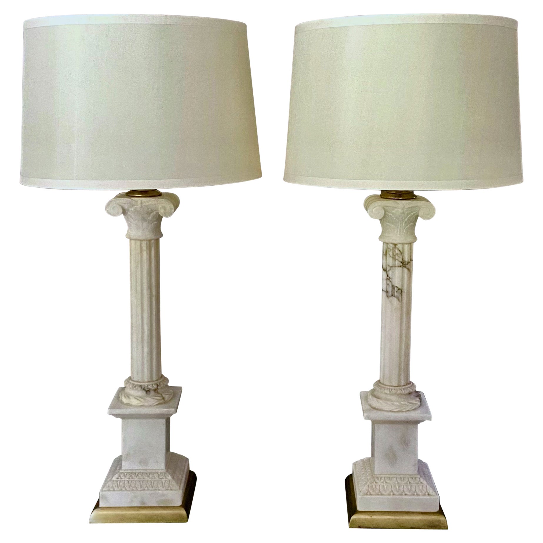 Large Pair Italian Column Neoclassic Alabaster Table Lamps For Sale