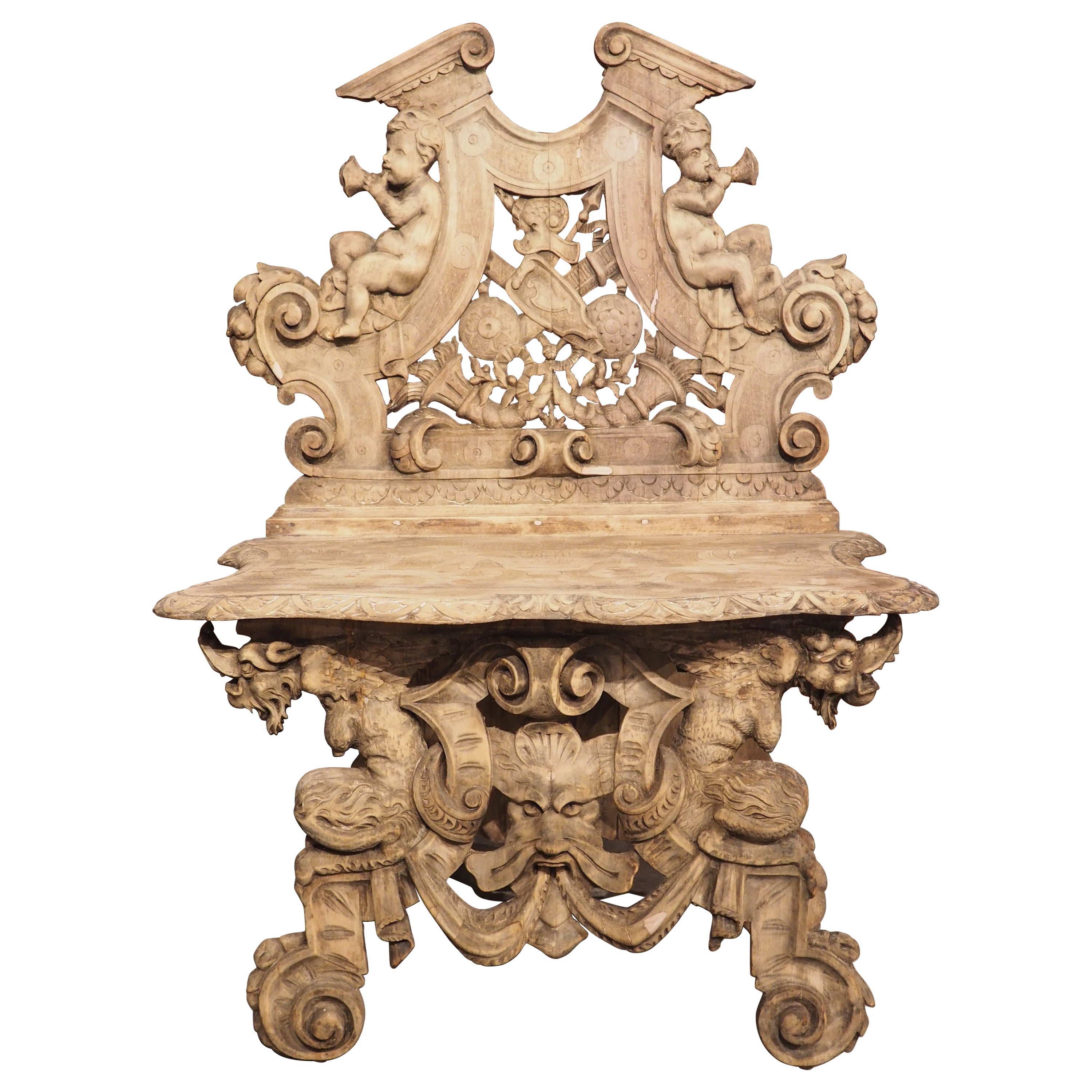Bleached Renaissance Style Walnut Sgabello Chair from Italy, Circa 1870 For Sale
