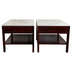 Pair Mid-Century Rosewood with Carrara Marble Top Nightstands by Florence Knoll