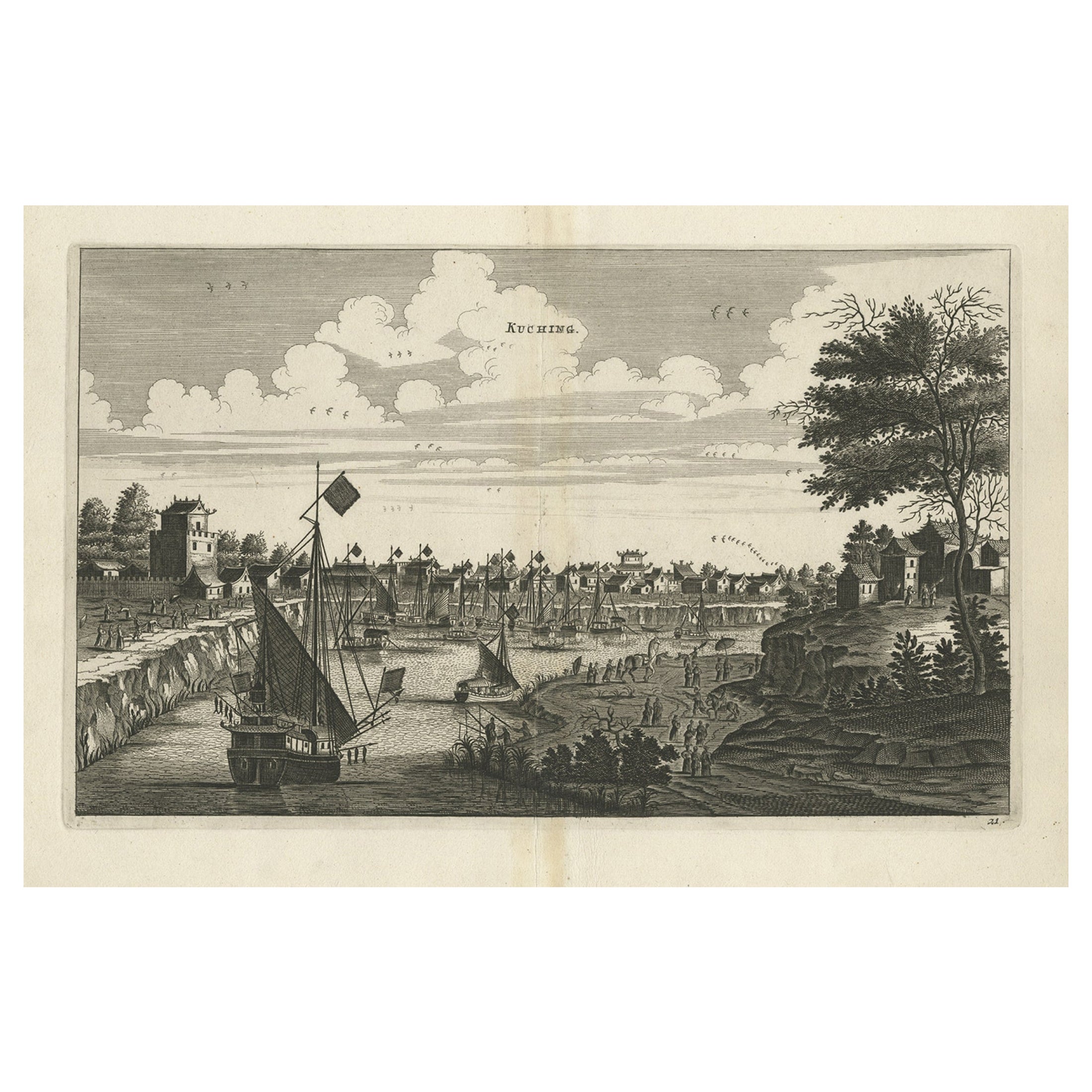 Antique Copper Engraving of the City of Kuchin in China, 1668