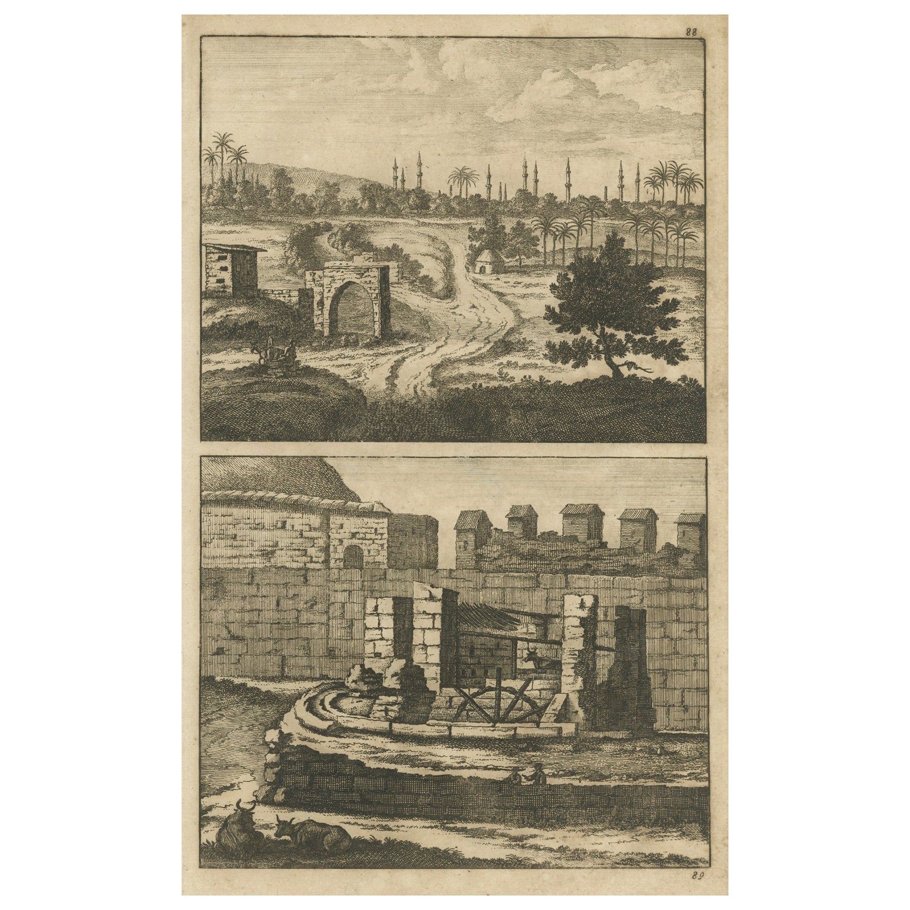 Antiker Druck von Kairo und Josephs Brunnen in Ägypten, 1698