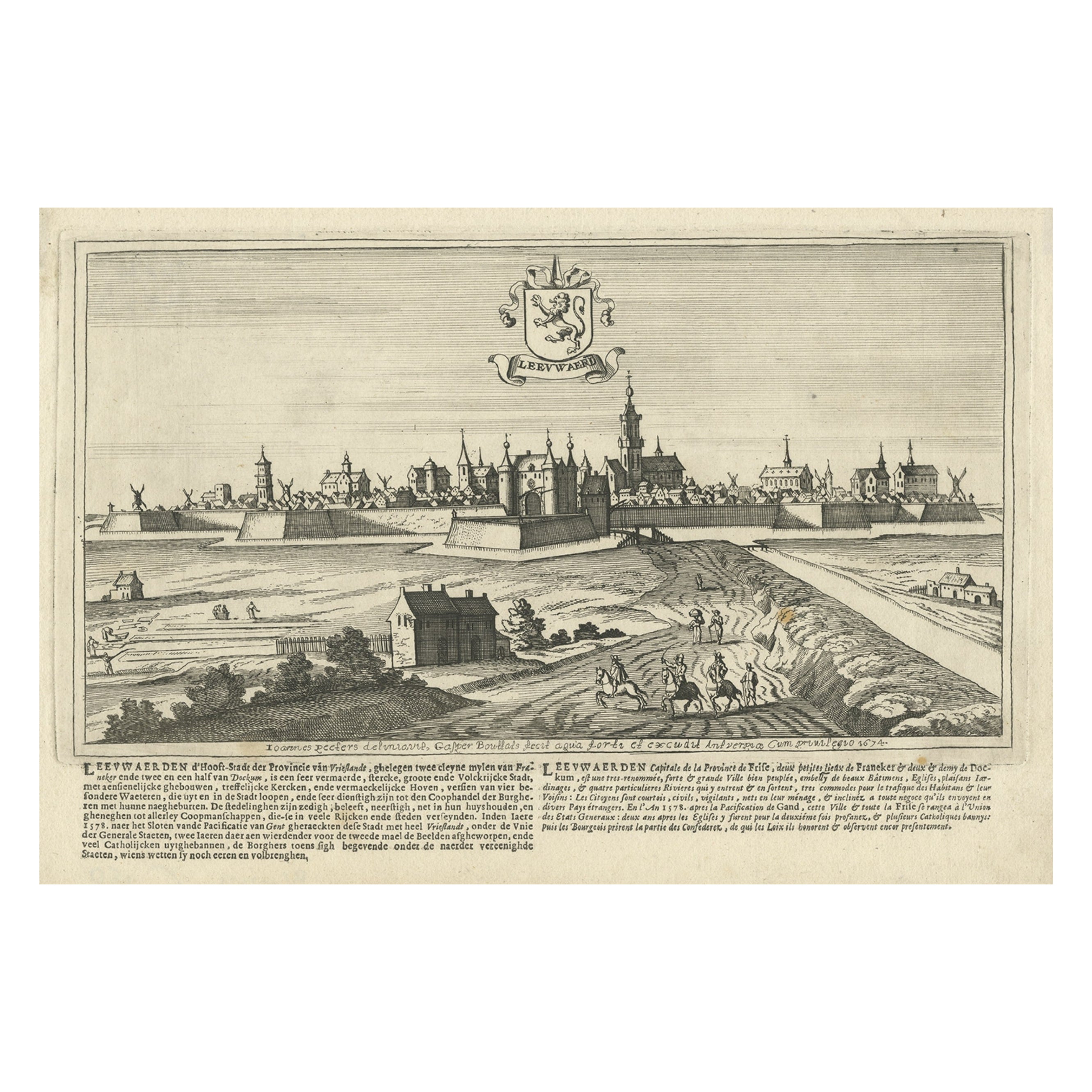 Antique Print of the City of Leeuwarden, Friesland in The Netherlands, 1680 For Sale