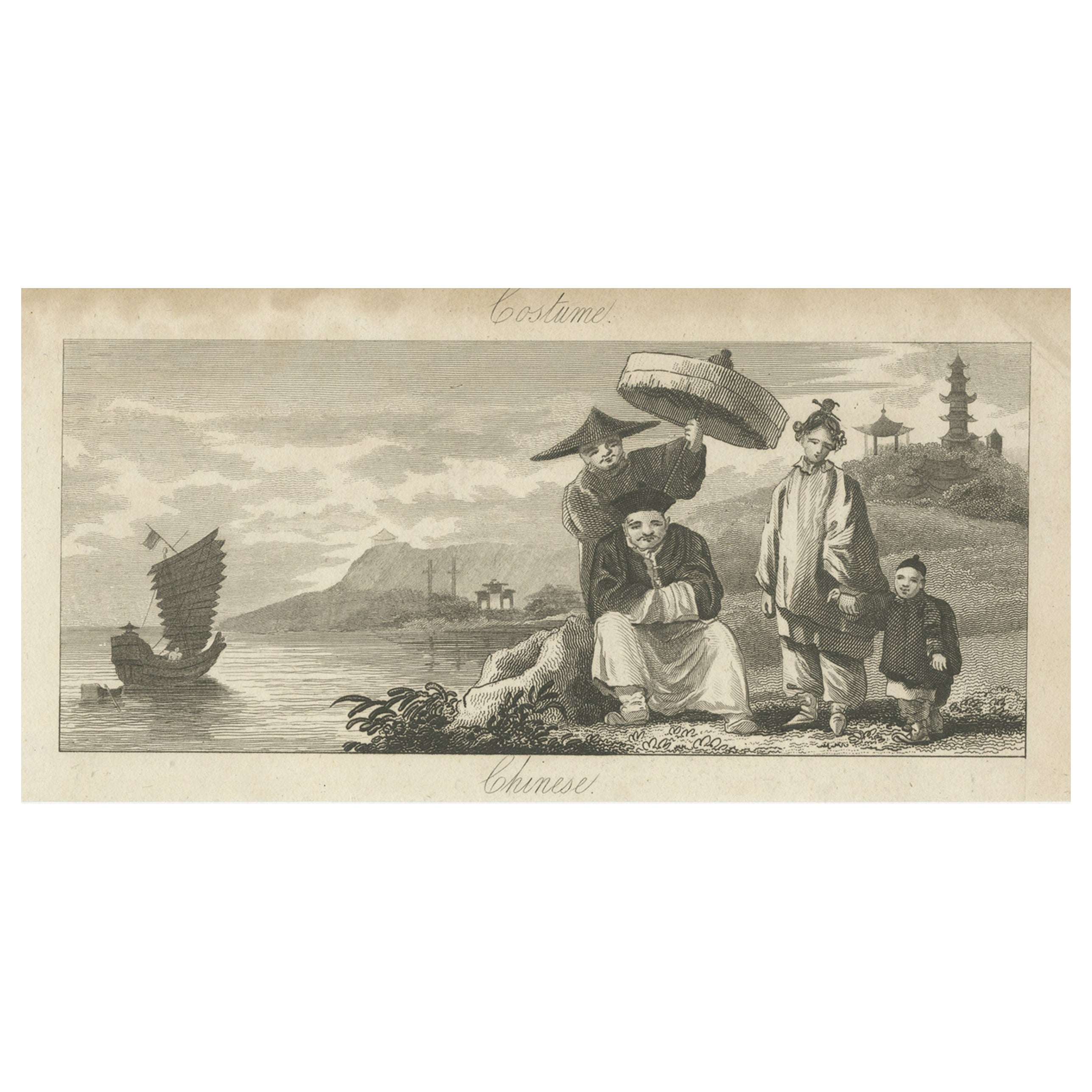 Antique Engraving of Chinese Costumes, c.1860 For Sale