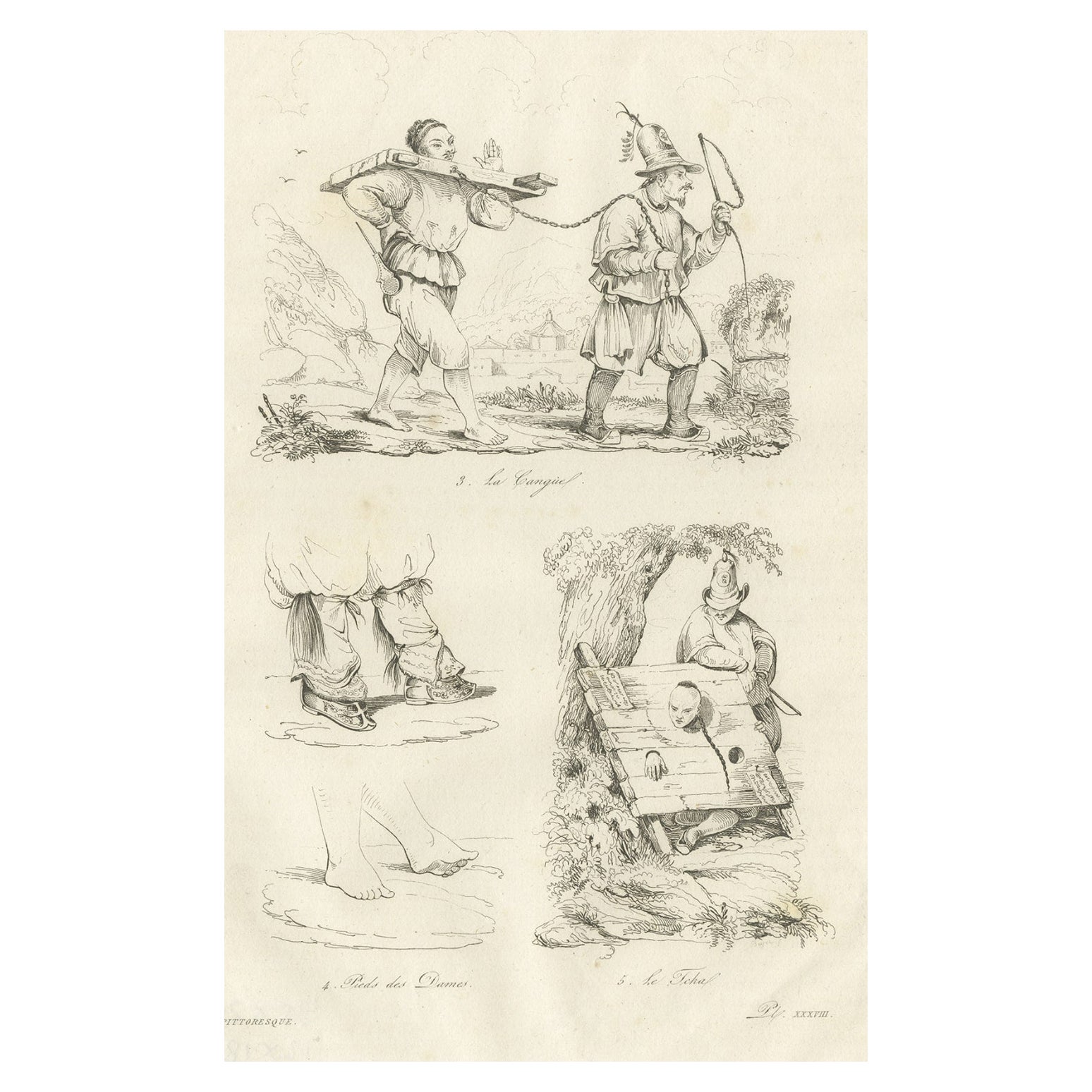 Impression ancienne de la punition de la cangue ou du Tcha en Chine, 1834 en vente