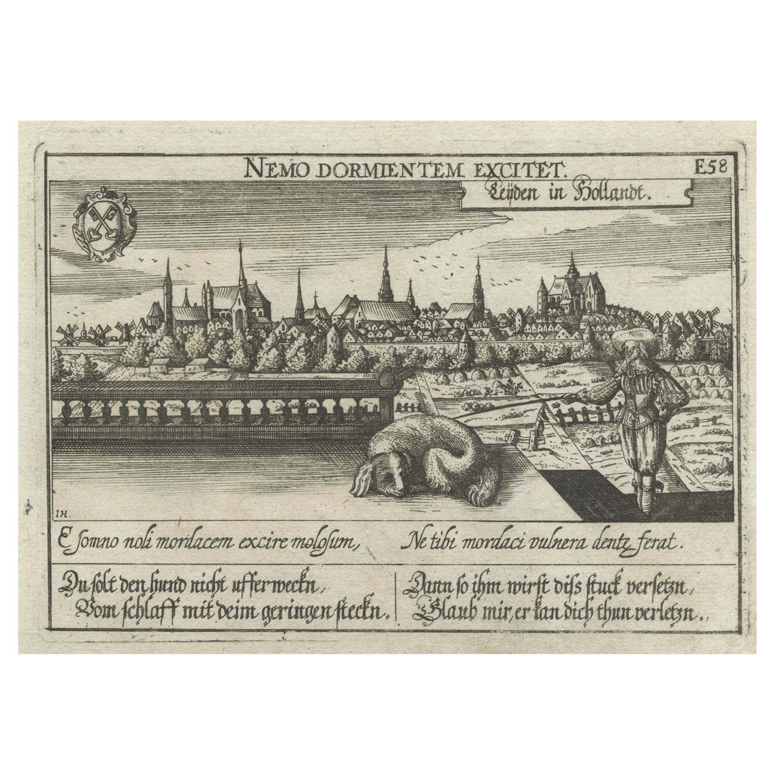 Rare Antique Engraving of the University City of Leiden, The Netherlands, c.1625 For Sale
