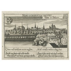 Rare gravure ancienne de la ville de l'université de Leiden, Pays-Bas, vers 1625