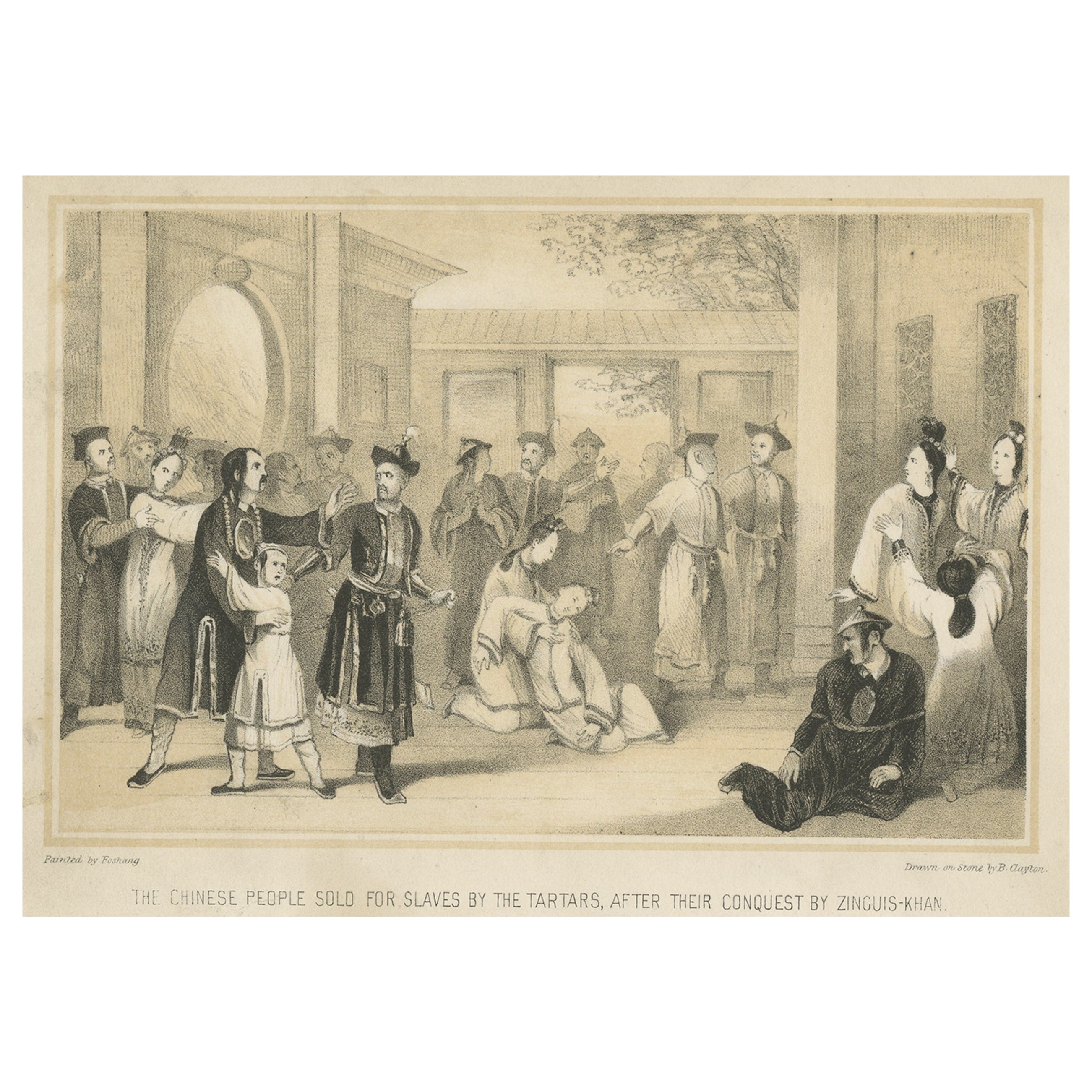 Antique Print of Chinese Slaves Sold by Tartars After Genghis Khan Victory, 1843 For Sale