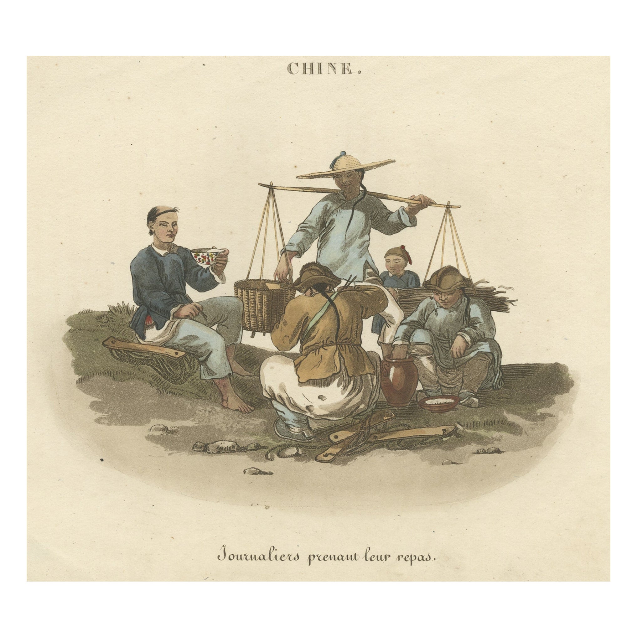 Antique Hand-Colored Print of Chinese Workers Having Their Meal, c.1820 For Sale