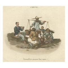 Antiker handkolorierter Druck chinesischer Arbeiter mit ihren Mahlzeiten, um 1820