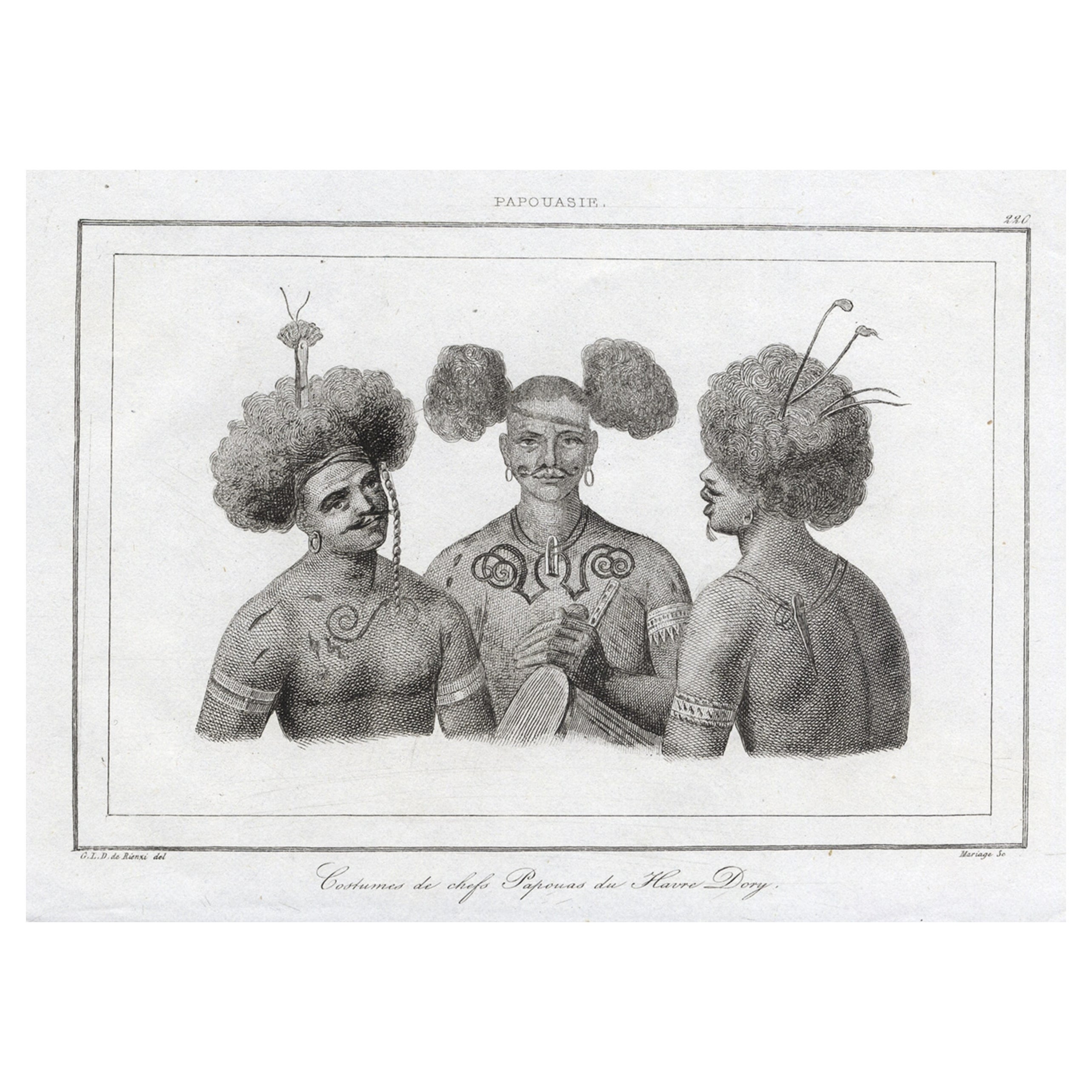 Antique Print of Costumes of Papua Chiefs, 1836 For Sale