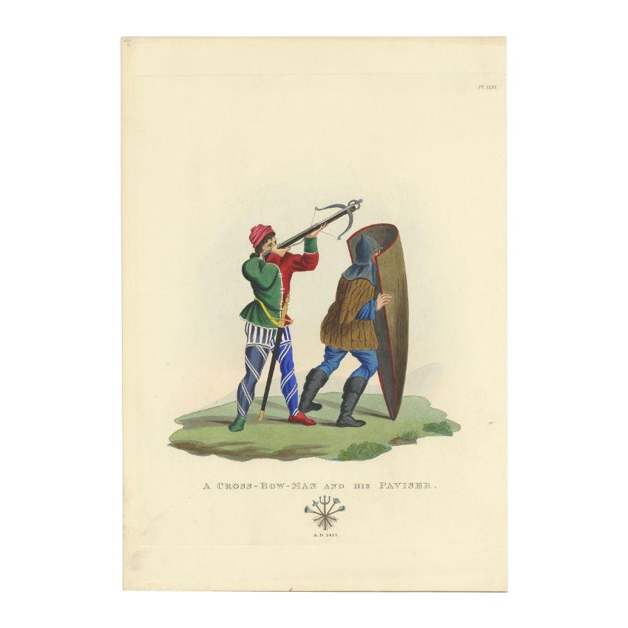 Antique Print of Crossbowman by Meyrick, 1842 For Sale