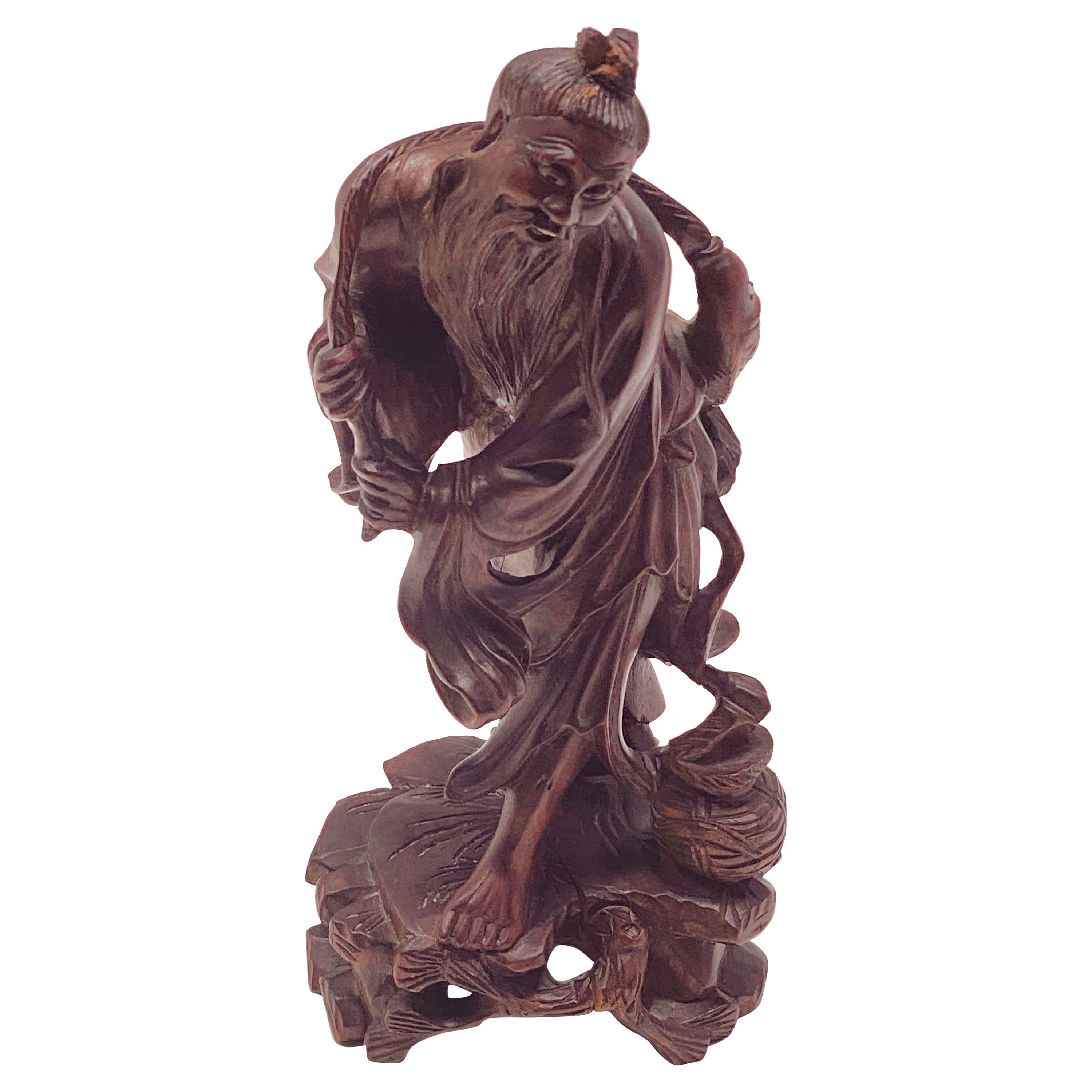 Fine Chinese Carved Wood Statue of a Fisherman, , circa 1900, Republic  period For Sale at 1stDibs