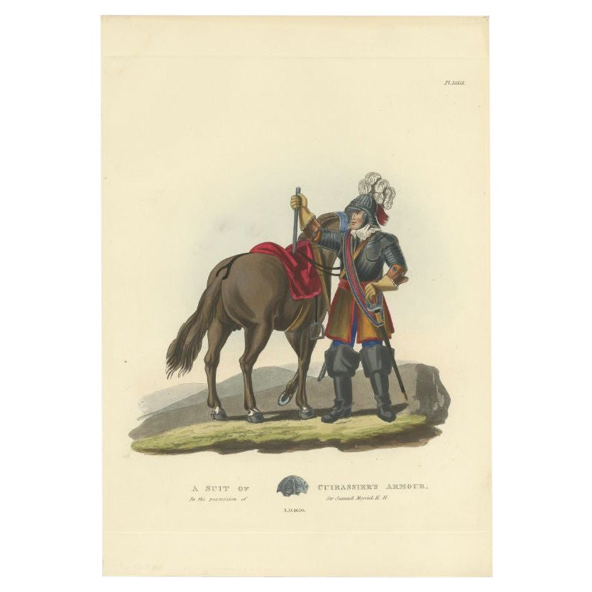 Grabado antiguo de Armadura de coracero con caballo, 1842