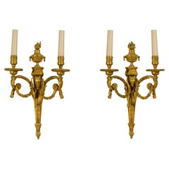 20th Century, Couple of French Gilt Bronze Two-light Sconces