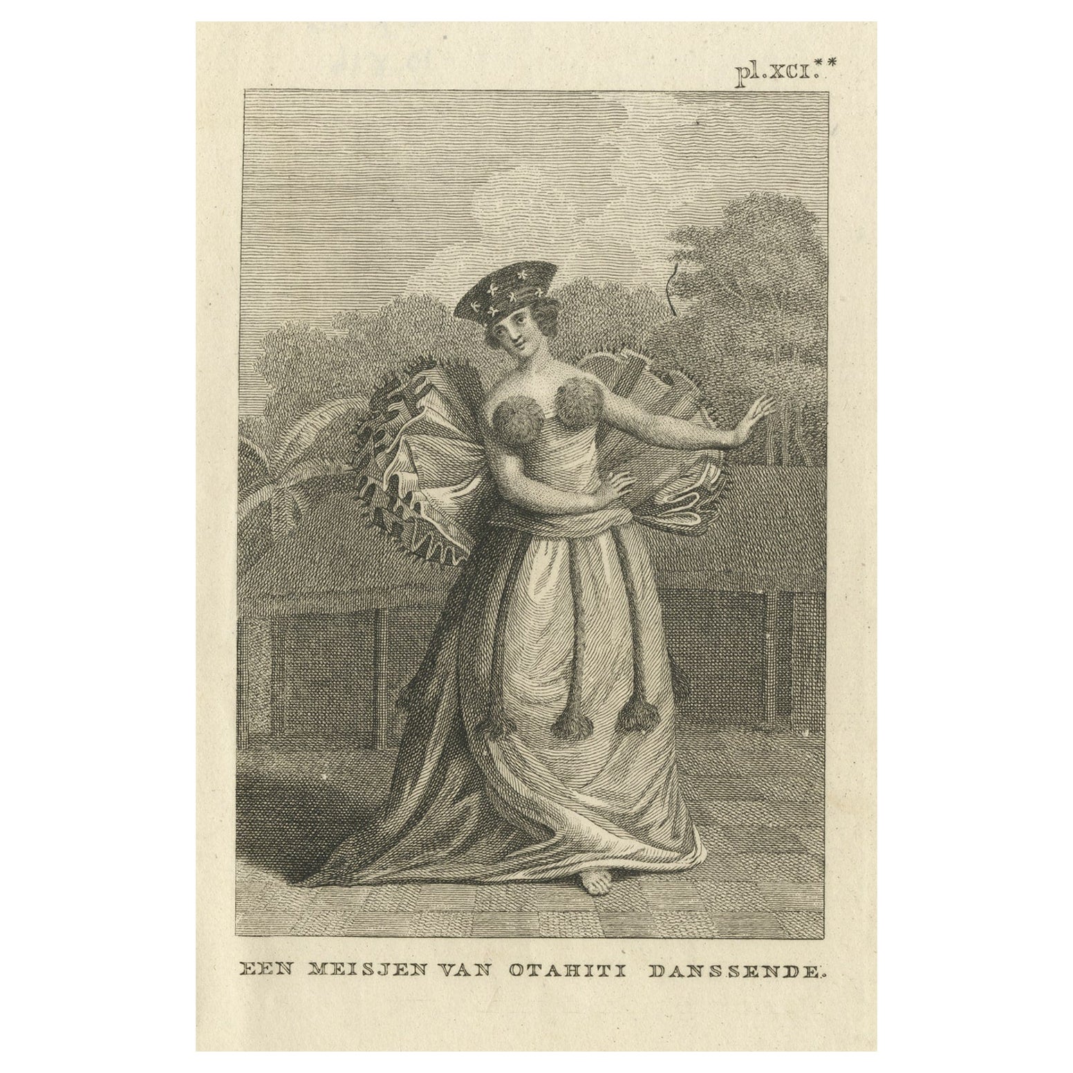 Antiker Druck eines tanzenden Mädchens aus Otahiti oder Tahiti von Cook, 1803