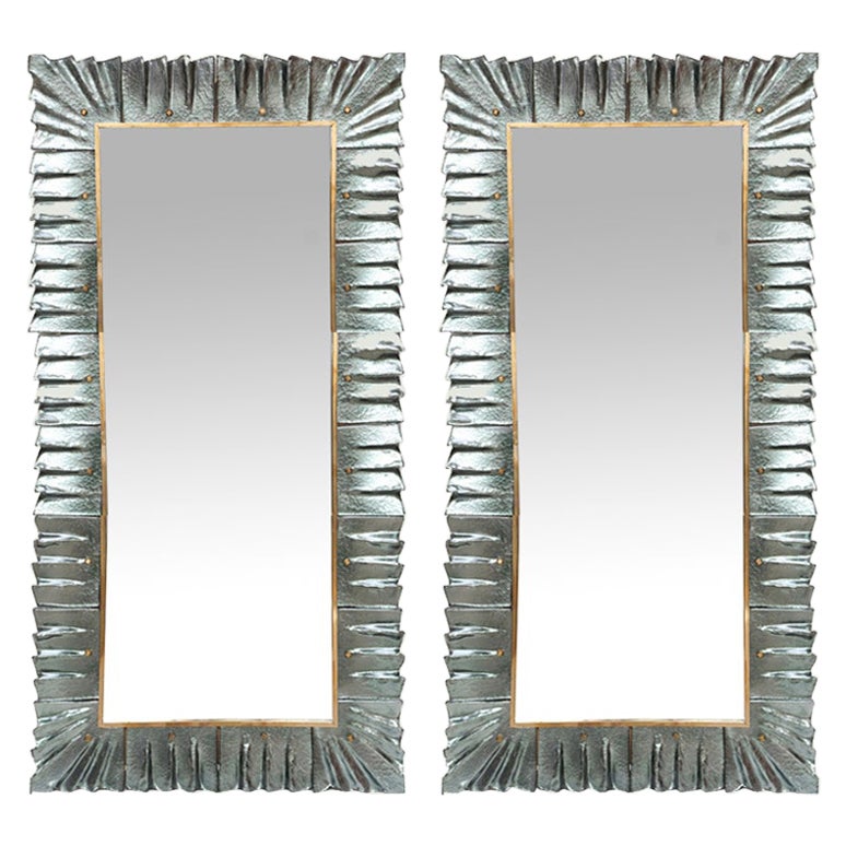 Pair of Large Murano Sea Green Teal Glass Framed Mirror, in Stock