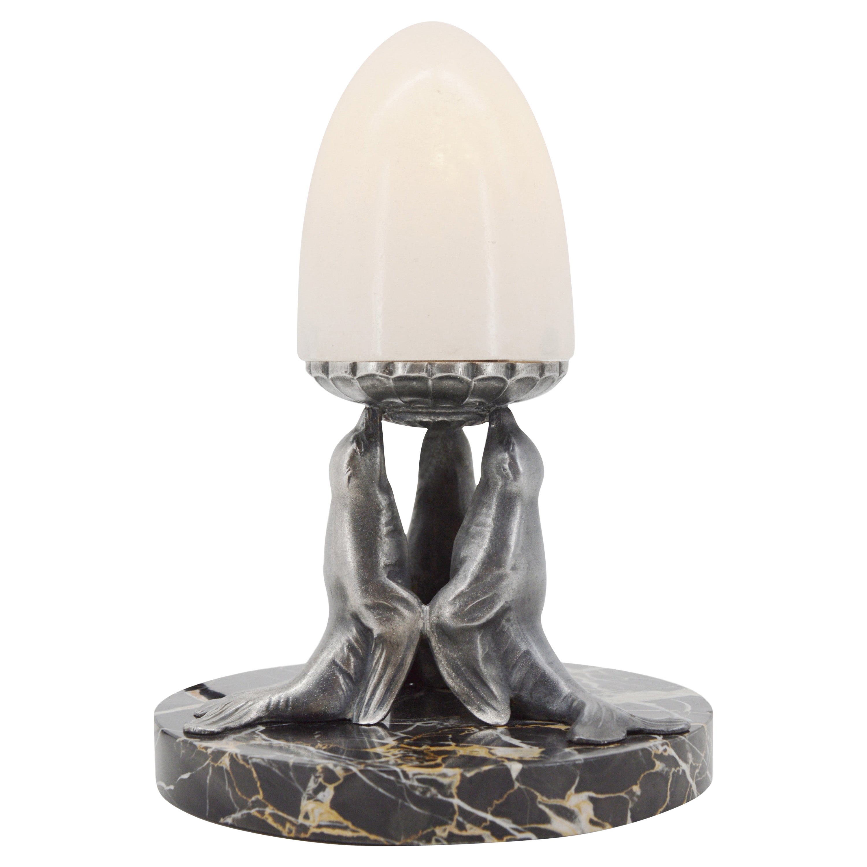 French Art Deco Alabaster Sea Lion Table Lamp Night-Light, 1920s