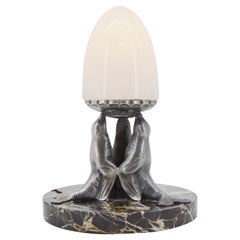 French Art Deco Alabaster Sea Lion Table Lamp Night-Light, 1920s