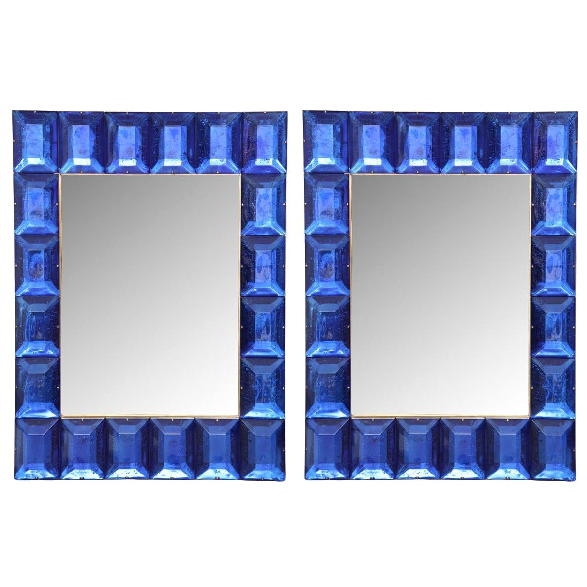 Pair of Cobalt Blue Diamond Cut Murano Glass Mirrors, in Stock For Sale