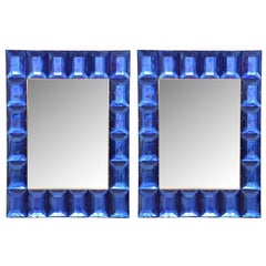 Pair of Cobalt Blue Diamond Cut Murano Glass Mirrors, in Stock