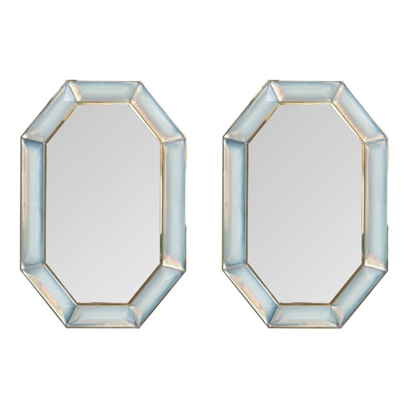 Pair of Bespoke Octagon Iridescent Opaline Murano Glass Mirrors, in Stock