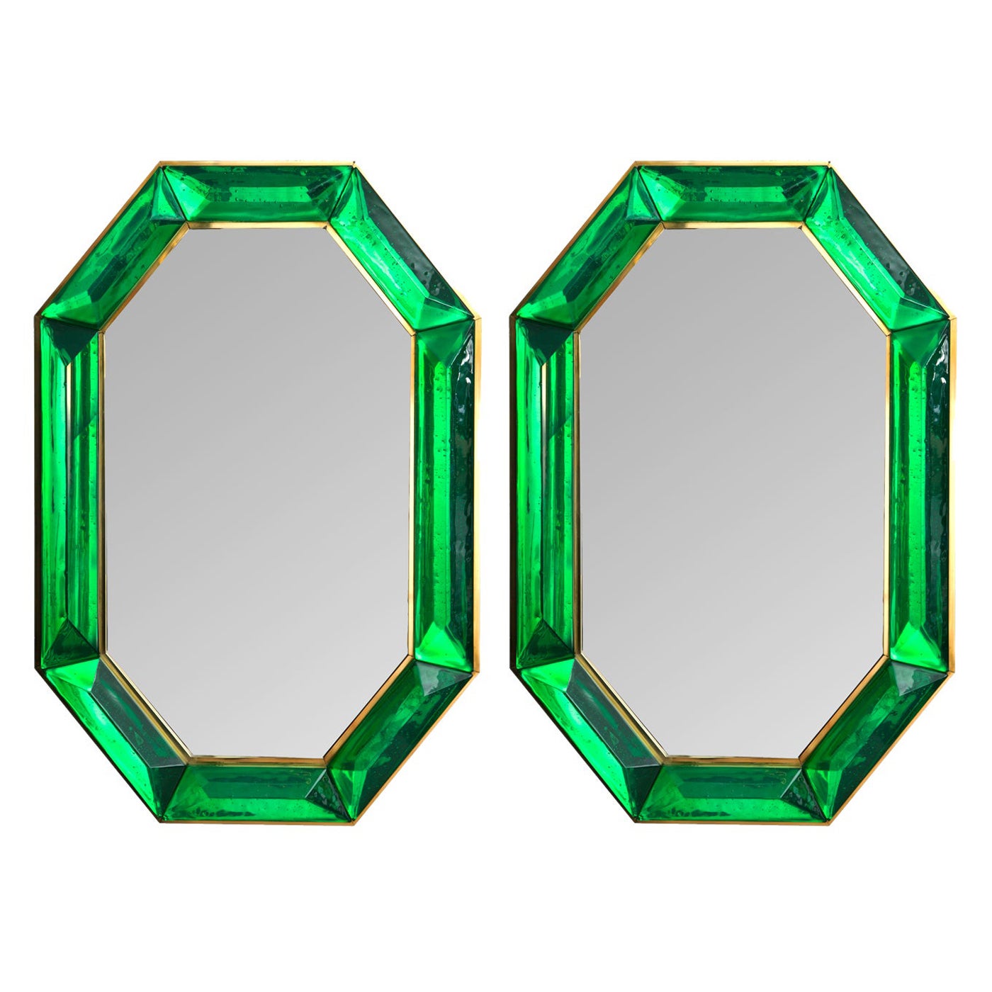 Pair of Bespoke Octagon Emerald Green Murano Glass Mirrors, in Stock
