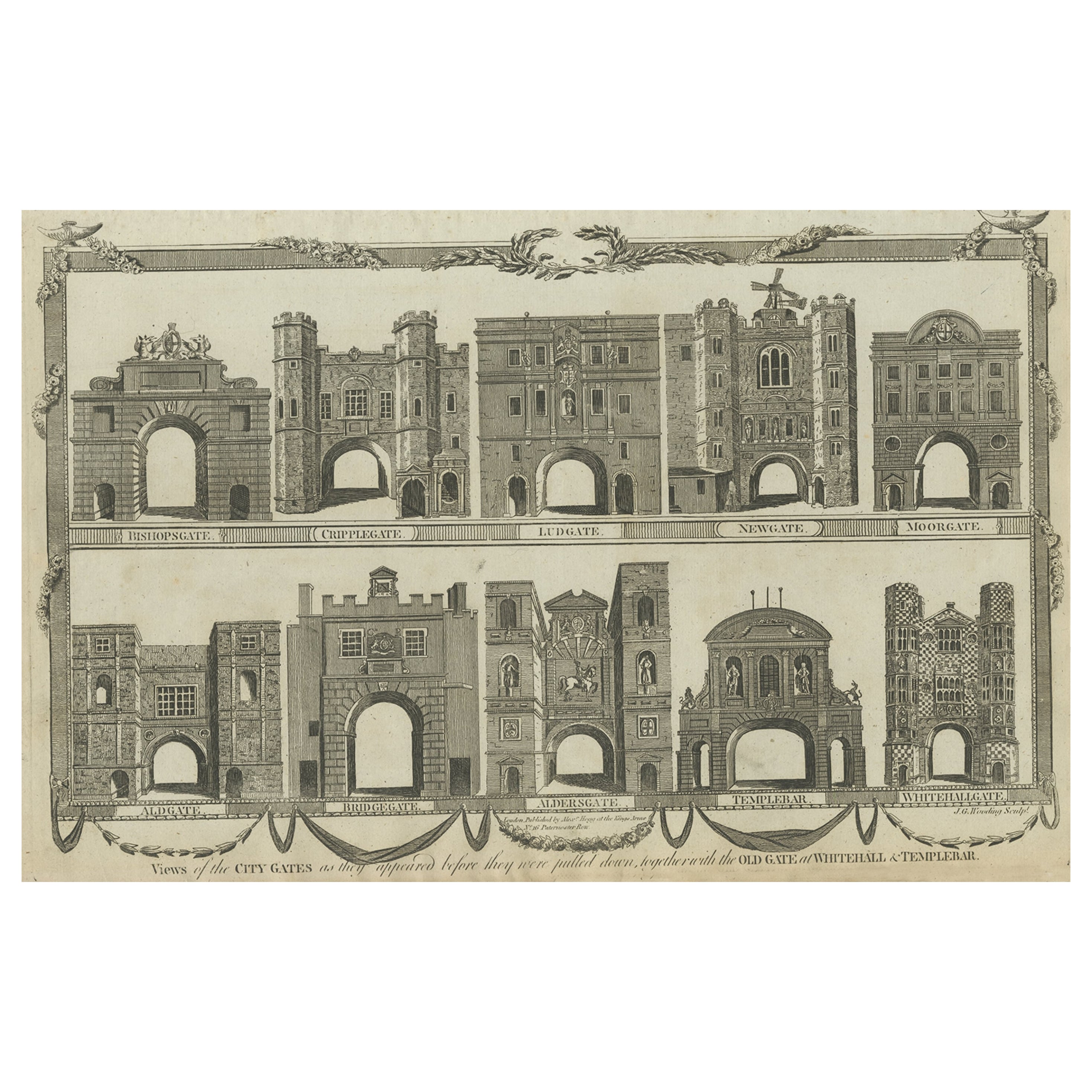 Antike Gravur einer Nummer von Stadttoren in England, um 1800