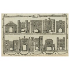 Gravure ancienne d'un certain nombre de portails de ville en Angleterre, vers 1800