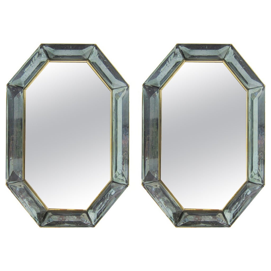 Paire de miroirs octogonaux en verre de Murano vert de mer sur mesure, en stock