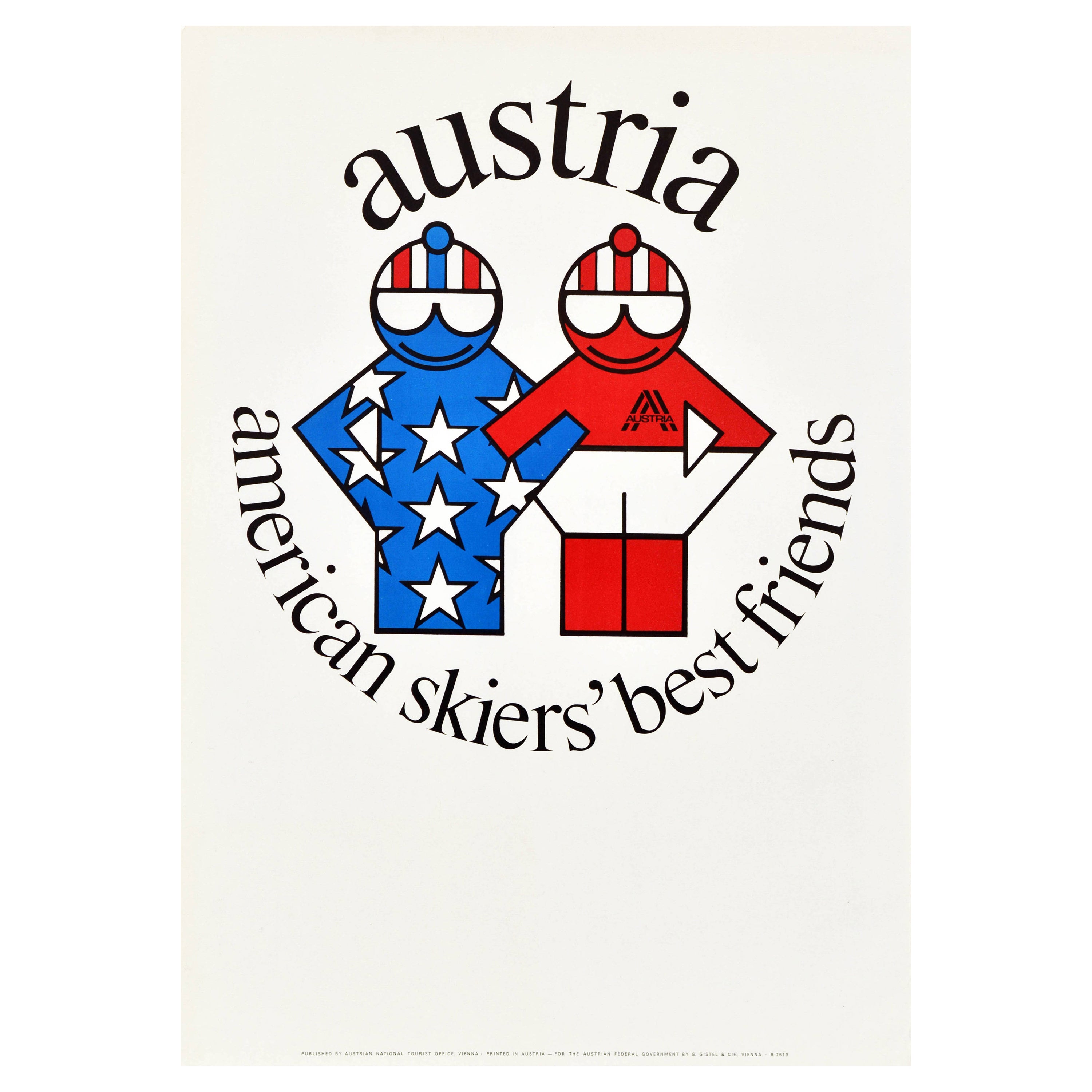 Affiche rétro originale de sport d'hiver Autriche, Skieurs américains, Meilleurs amis, Ski