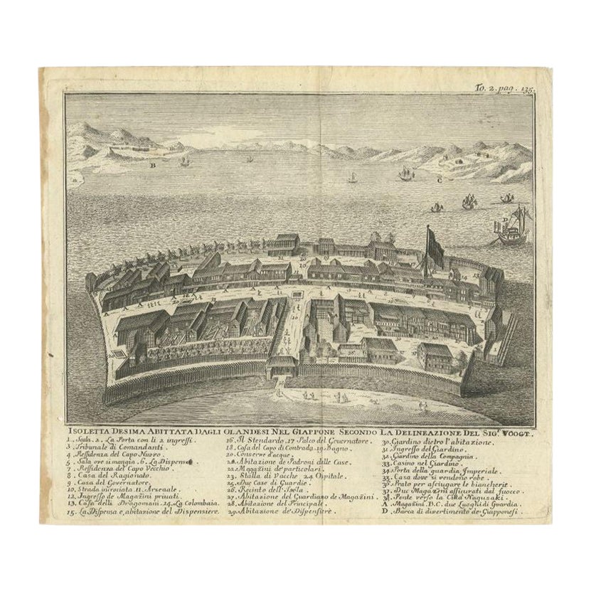 Antique Print of the Dutch Trading Post Deshima in Japan, circa 1738 For Sale