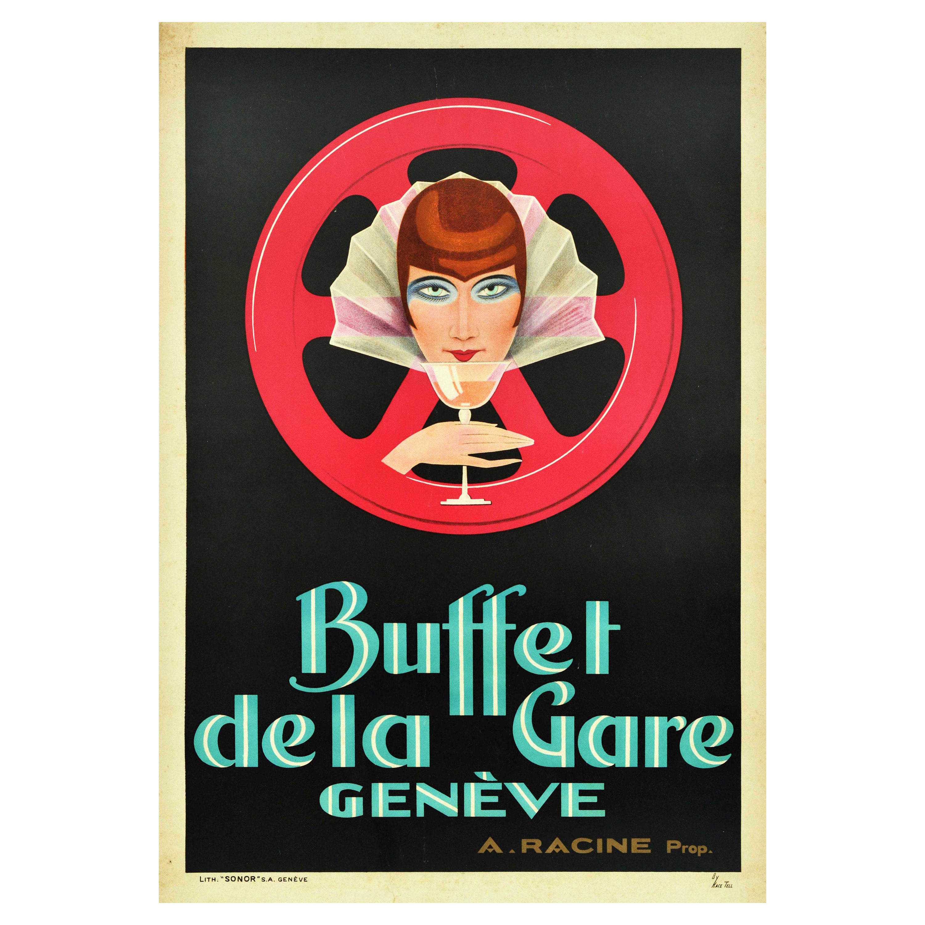 Original Antique Advertising Poster Buffet De La Gare Geneve Art Deco Geneva For Sale