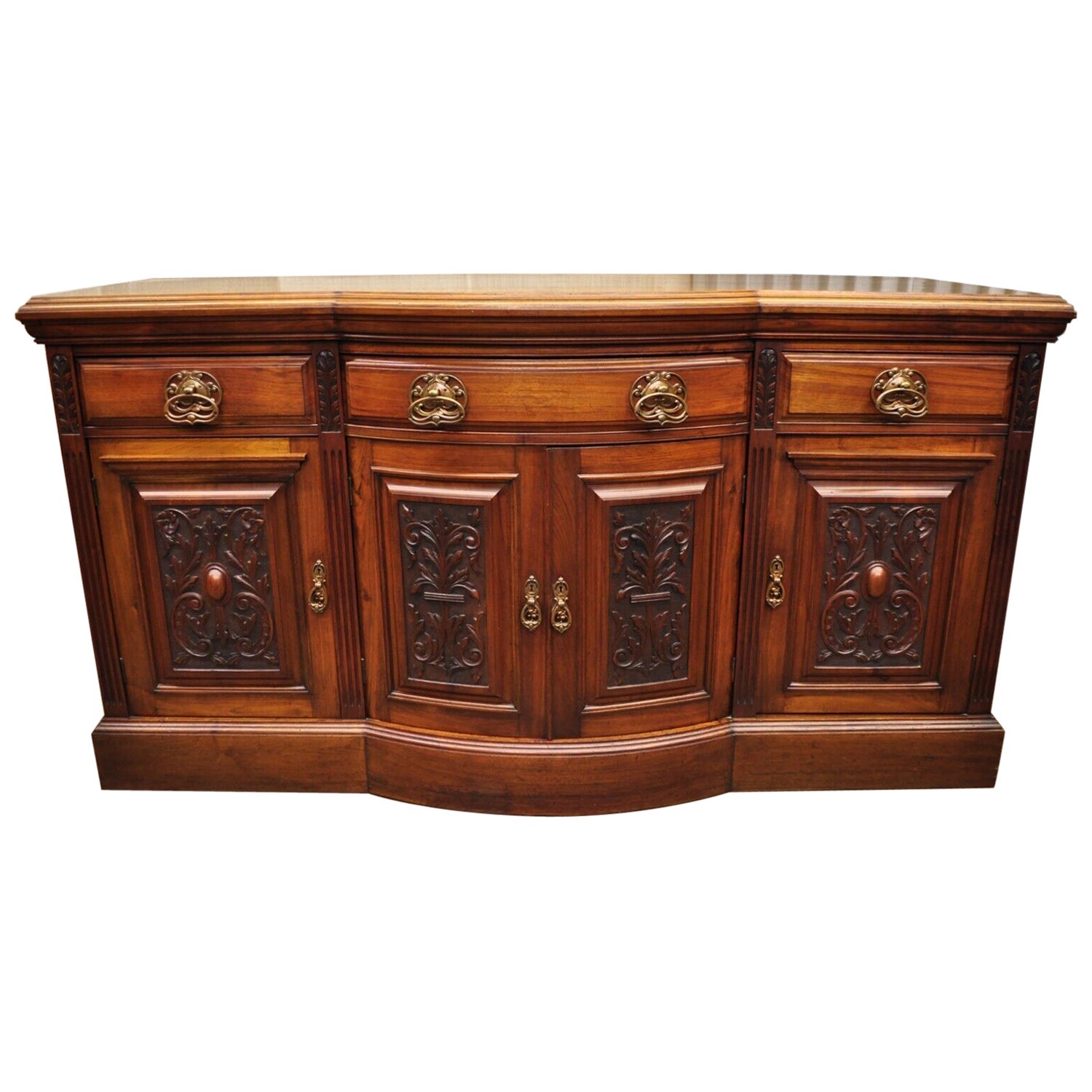 Antique French Renaissance Art Nouveau Mahogany Bowed Front Buffet Sideboard