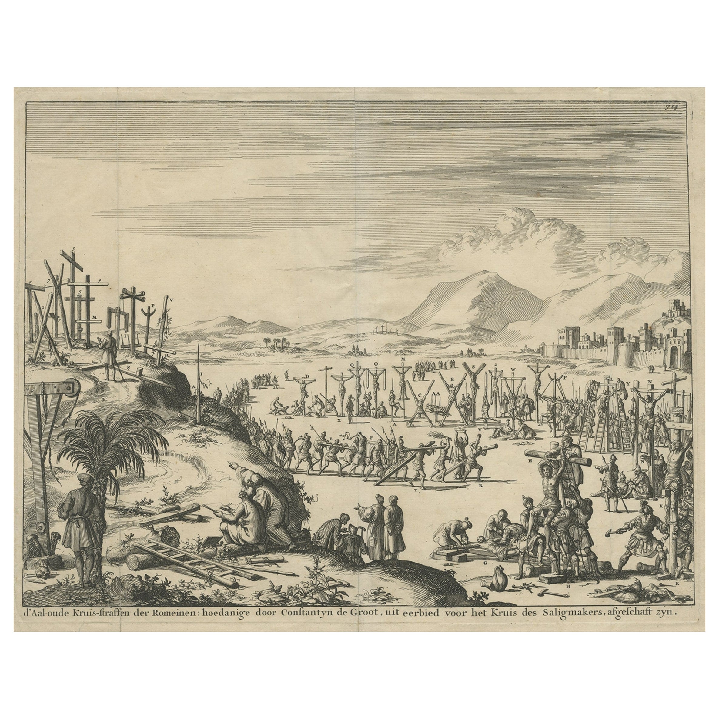 Gravur der römischen Punzen der Massenkreuzigung an der Stadtmauer, 1690 im Angebot